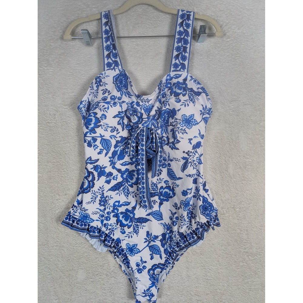 Unbranded One Piece Swimsuit Women's 1XL Blue White Floral Ruffle Tie Front